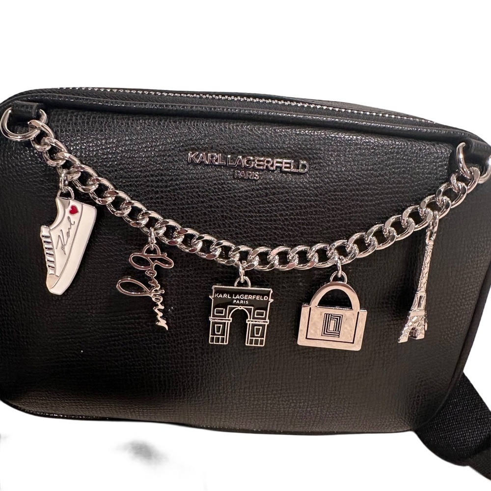 Karl Lagerfeld Camera Bag Black Crossbody Black & White Logo Strap Charms Paris - Picture 9 of 17